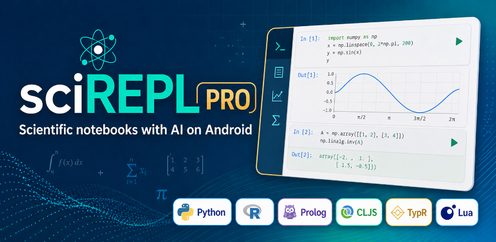 SciREPL Pro showing Python code and a plotted sine curve in a scientific notebook